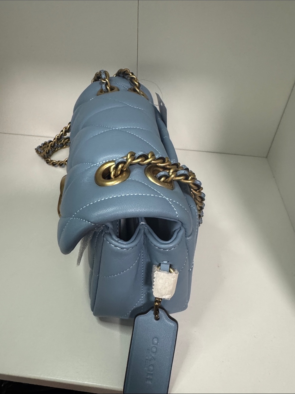 Coach Quilted Pale Blue Leather Shoulder Bag with Gold Hardware - Picture 11 of 13